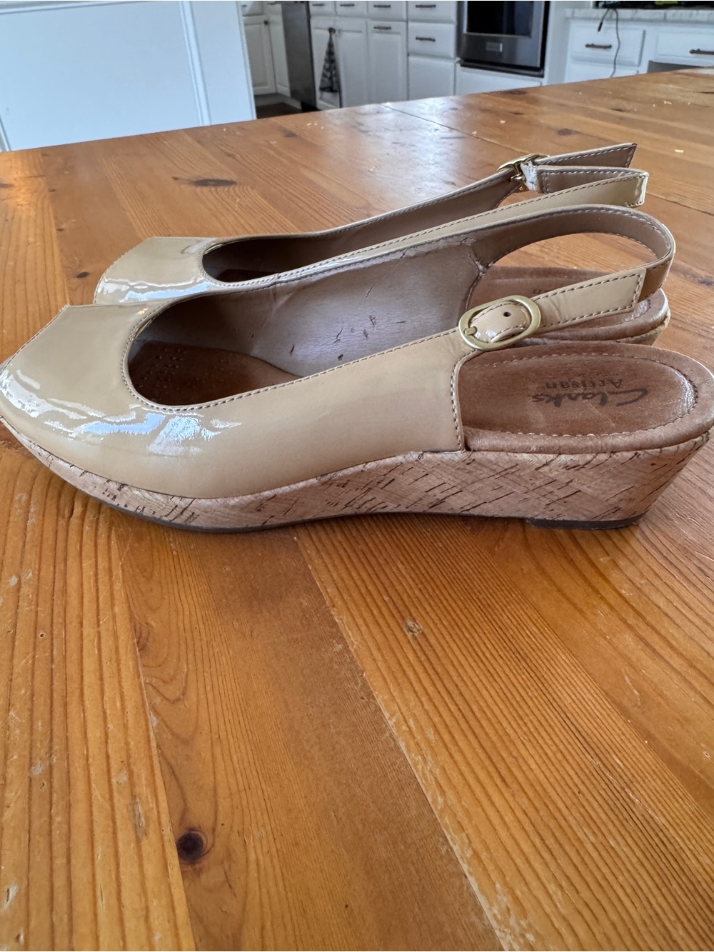 Clarks Nude Patent Open Toe Slingback Cork Wedges